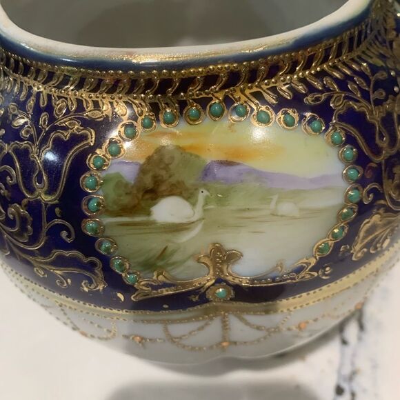 Nippon Vintage Ornate Blue and Gold Covered Jar With Landscape Scenes - Picture 4 of 16